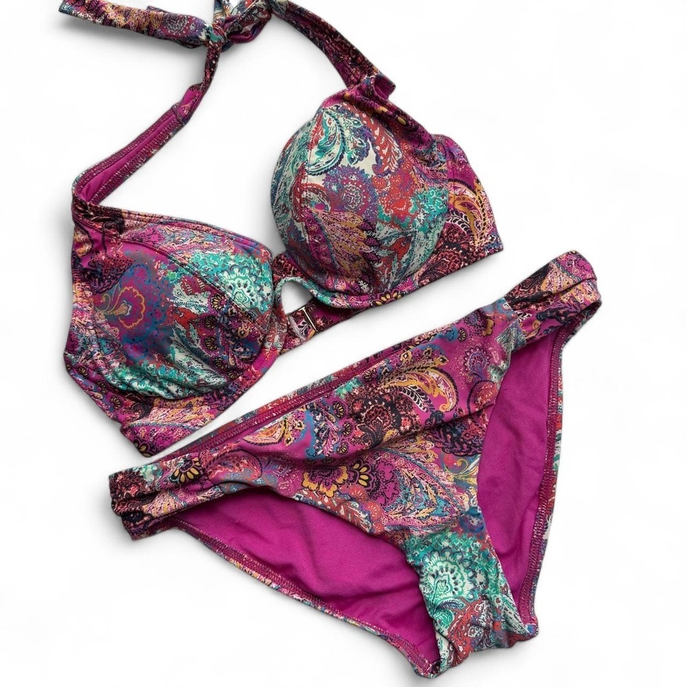 Sunsets Vintage Y2K Paisley Bikini Set 34D Halter Top Medium Bottoms Pink Multi